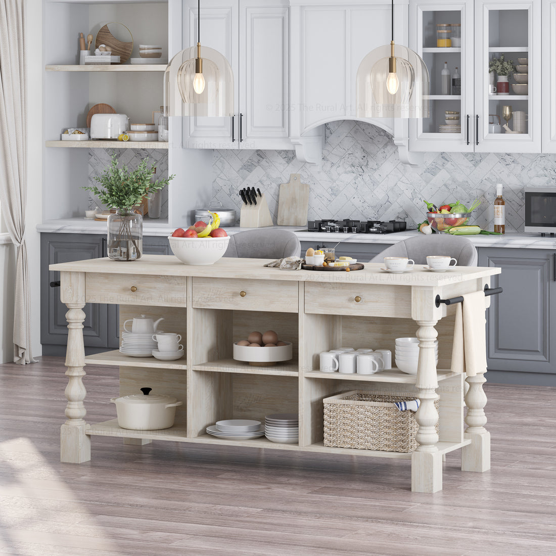 Bridgeport Solid Wood Kitchen Island with Storage & Turned Legs