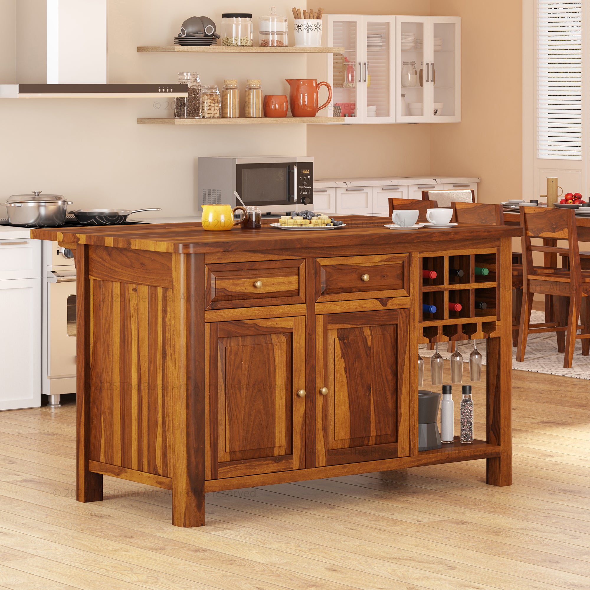 Trenton Solid Wood Kitchen Island – Drop Leaf Countertop & Wine Storage