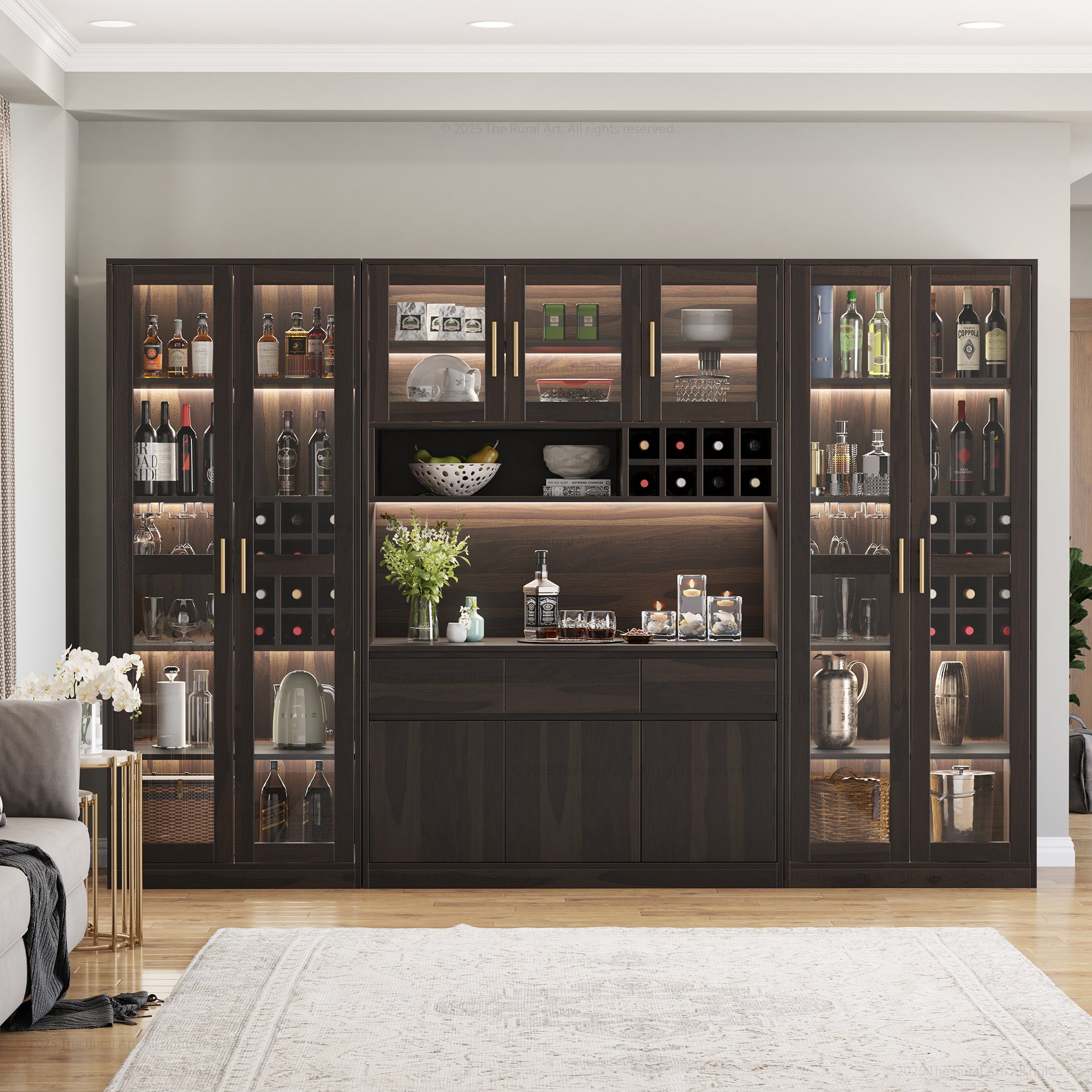 Fairfield Modern Solid Wood Wall Bar Cabinet with Glass Doors and LED Display