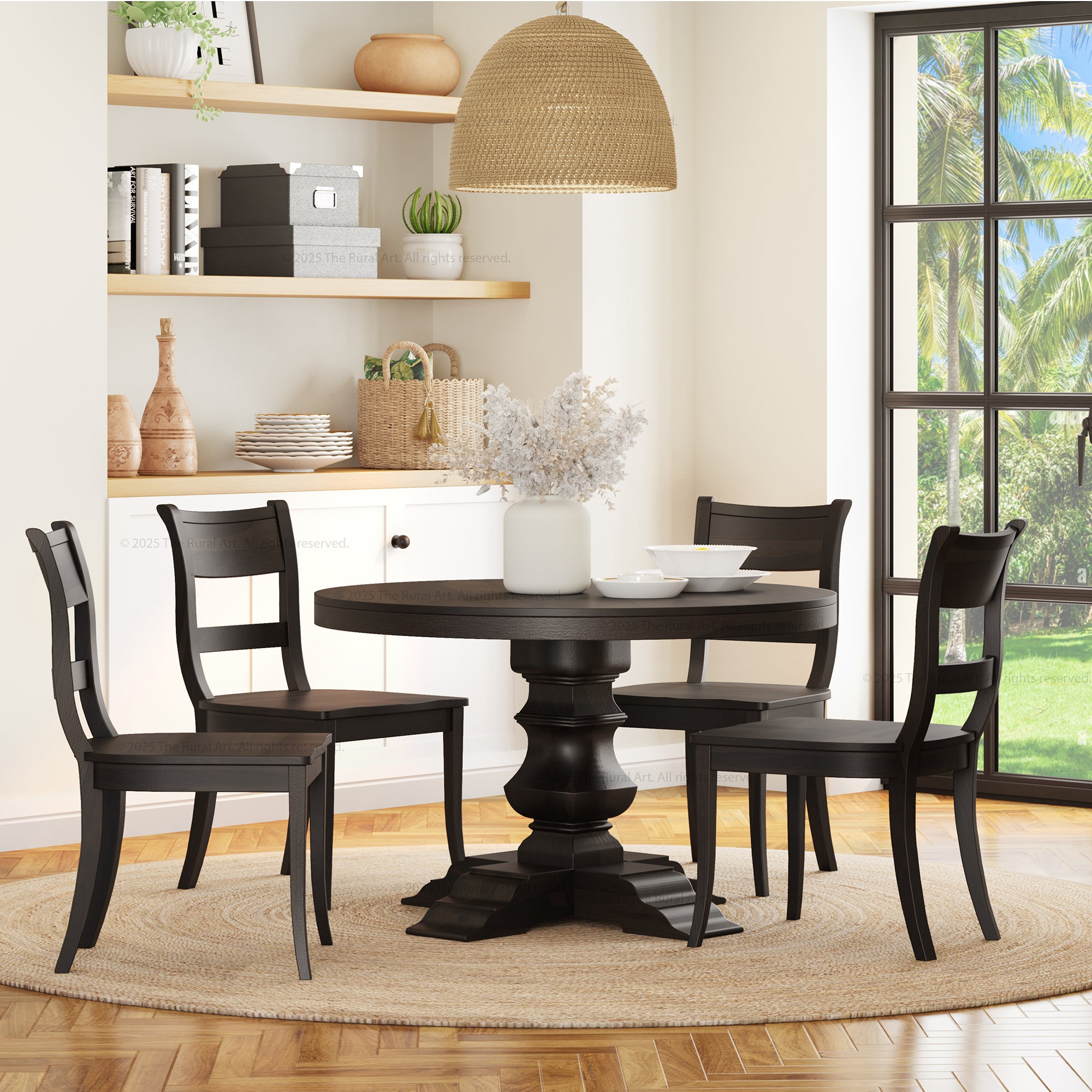 Benton Round Solid Wood Pedestal Base Dining Table and Chair Set