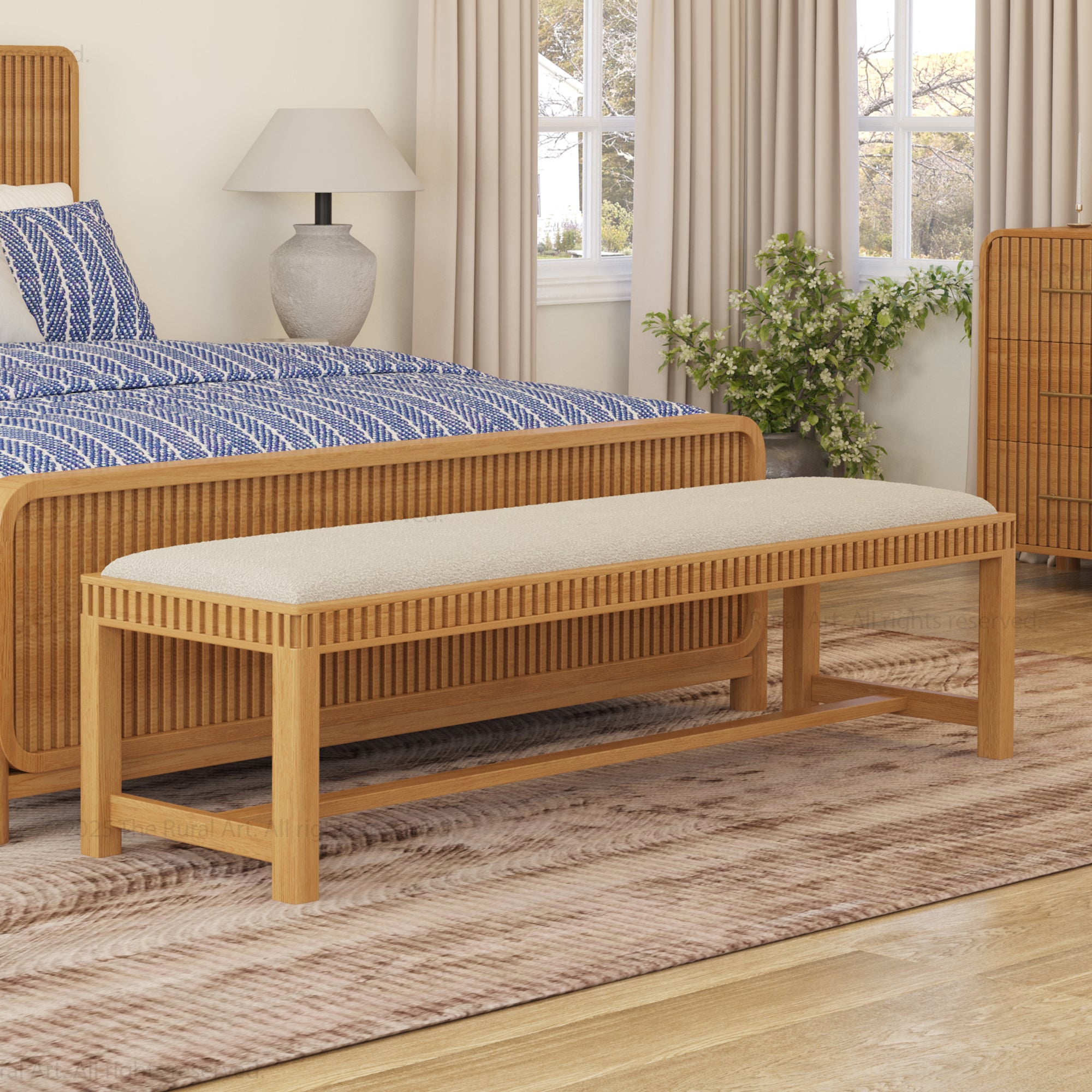 Lewes Fluted Wood Bench | Upholstered Bedroom Bench in Solid Wood Frame