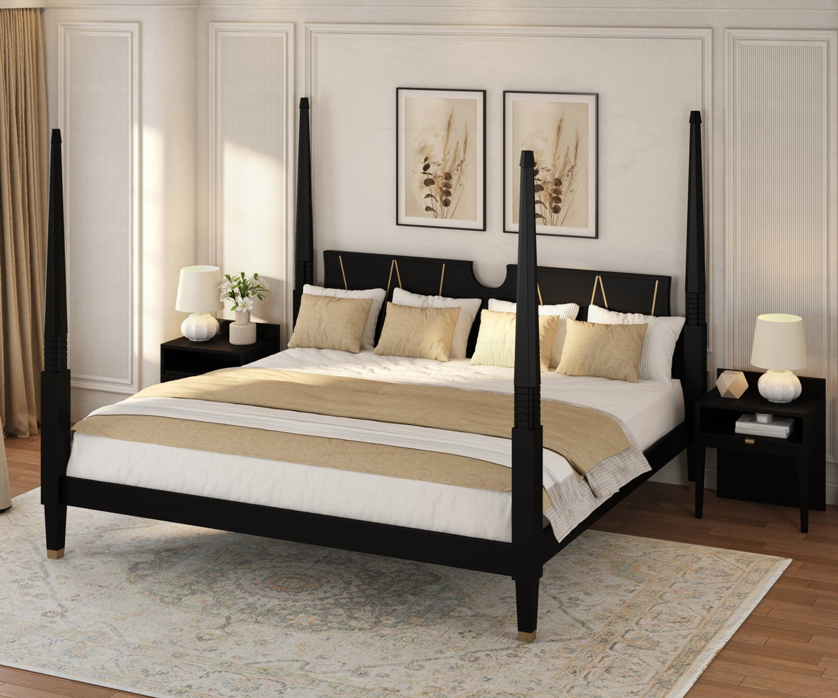 Troy Solid Wood Four Poster Bed Set with Brass Accents
