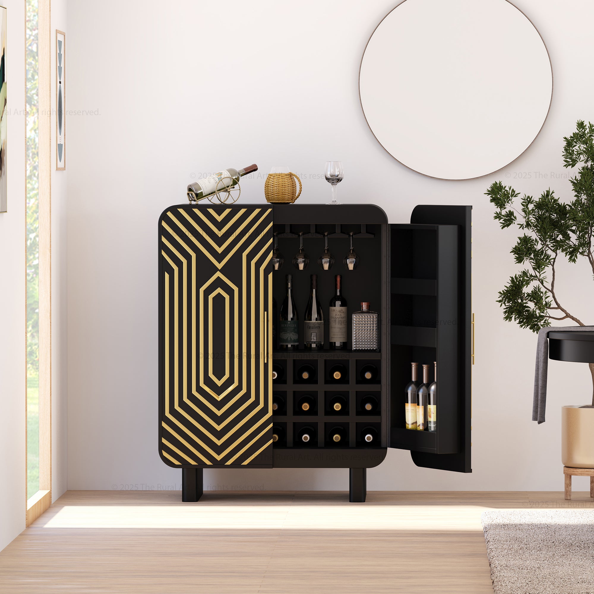 A black and gold geometric patterned bar cabinet
