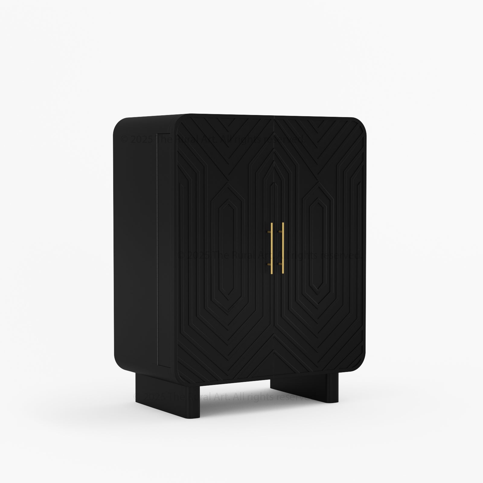 black geometric pattern bar cabinet with brass handle