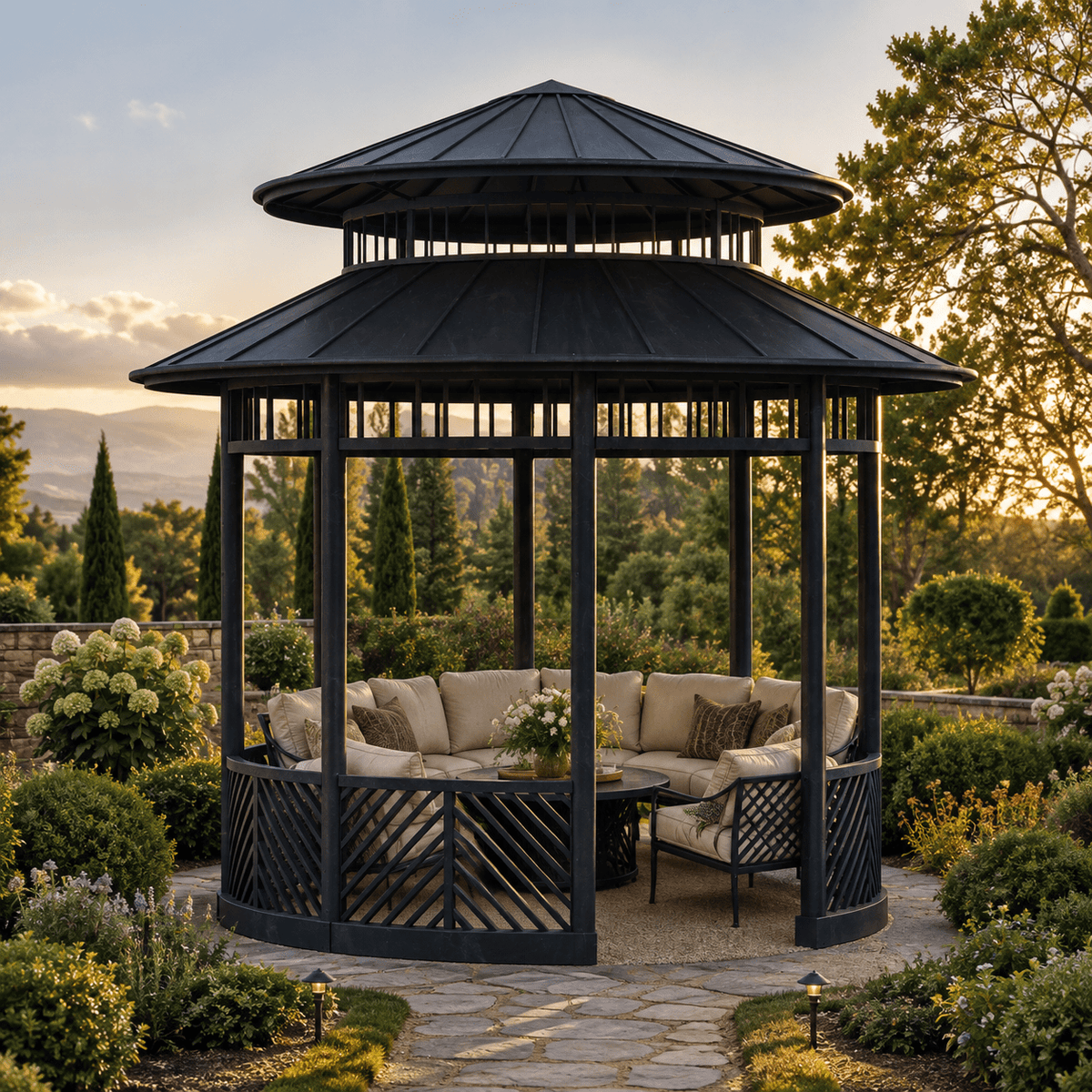 Portsmouth Double-Tier Estate Pavilion Wrought Iron Garden Gazebo