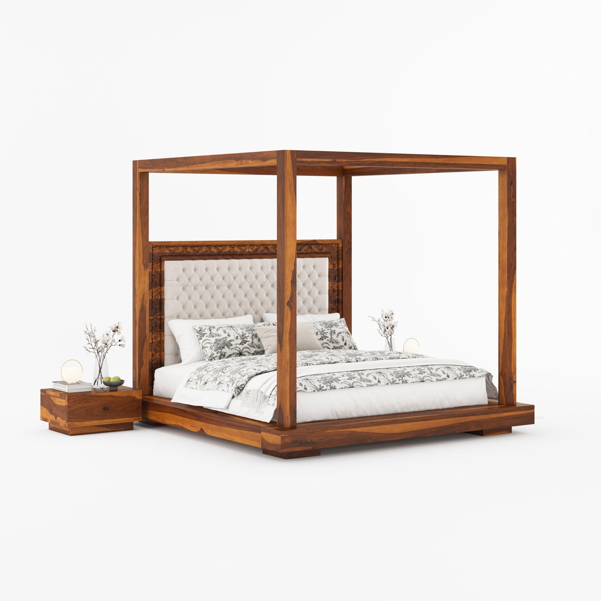 Sheffield Solid Wood Canopy Bed with Upholstered Tufted Headboard & Hand-Carved Frame