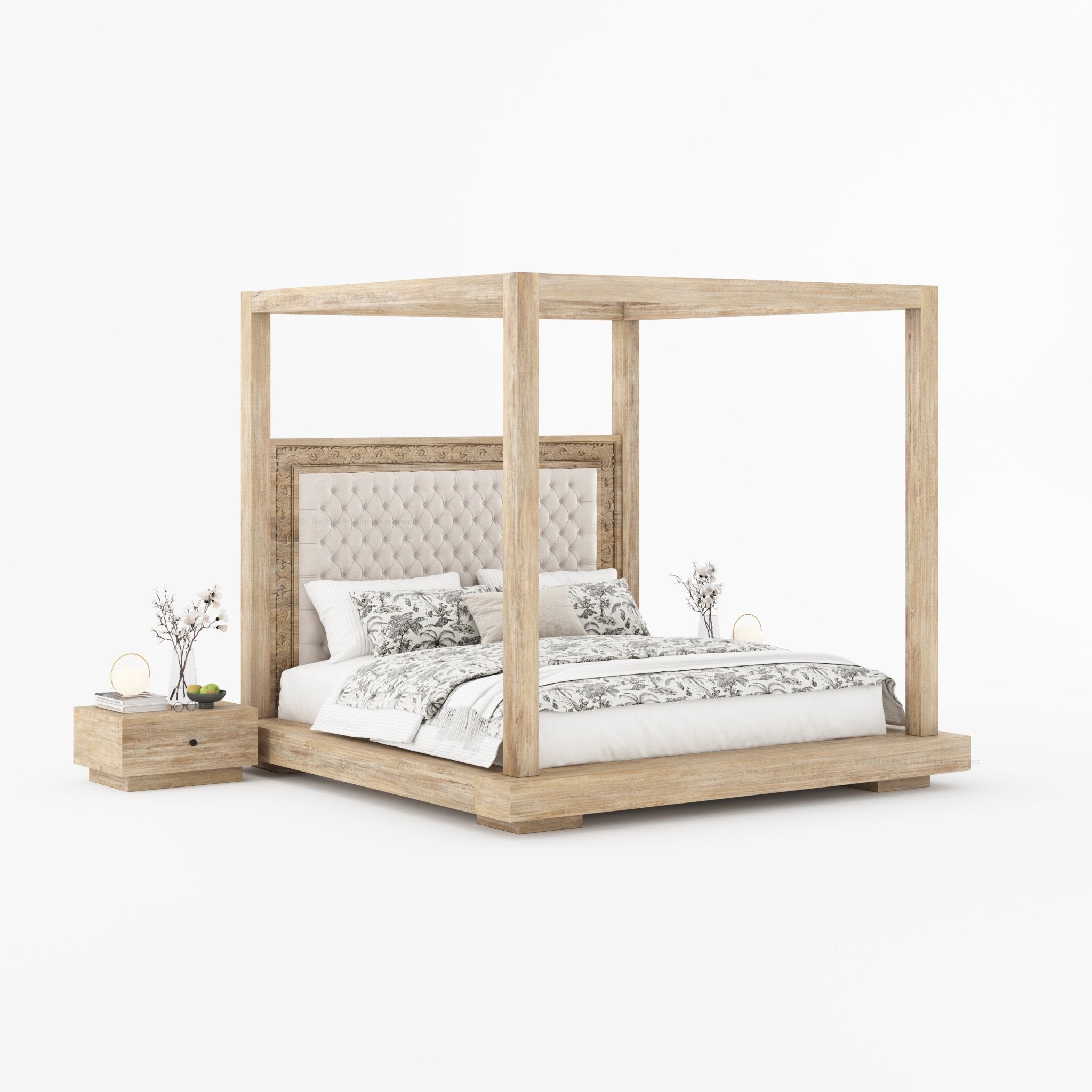 Sheffield Solid Wood Canopy Bed with Upholstered Tufted Headboard & Hand-Carved Frame