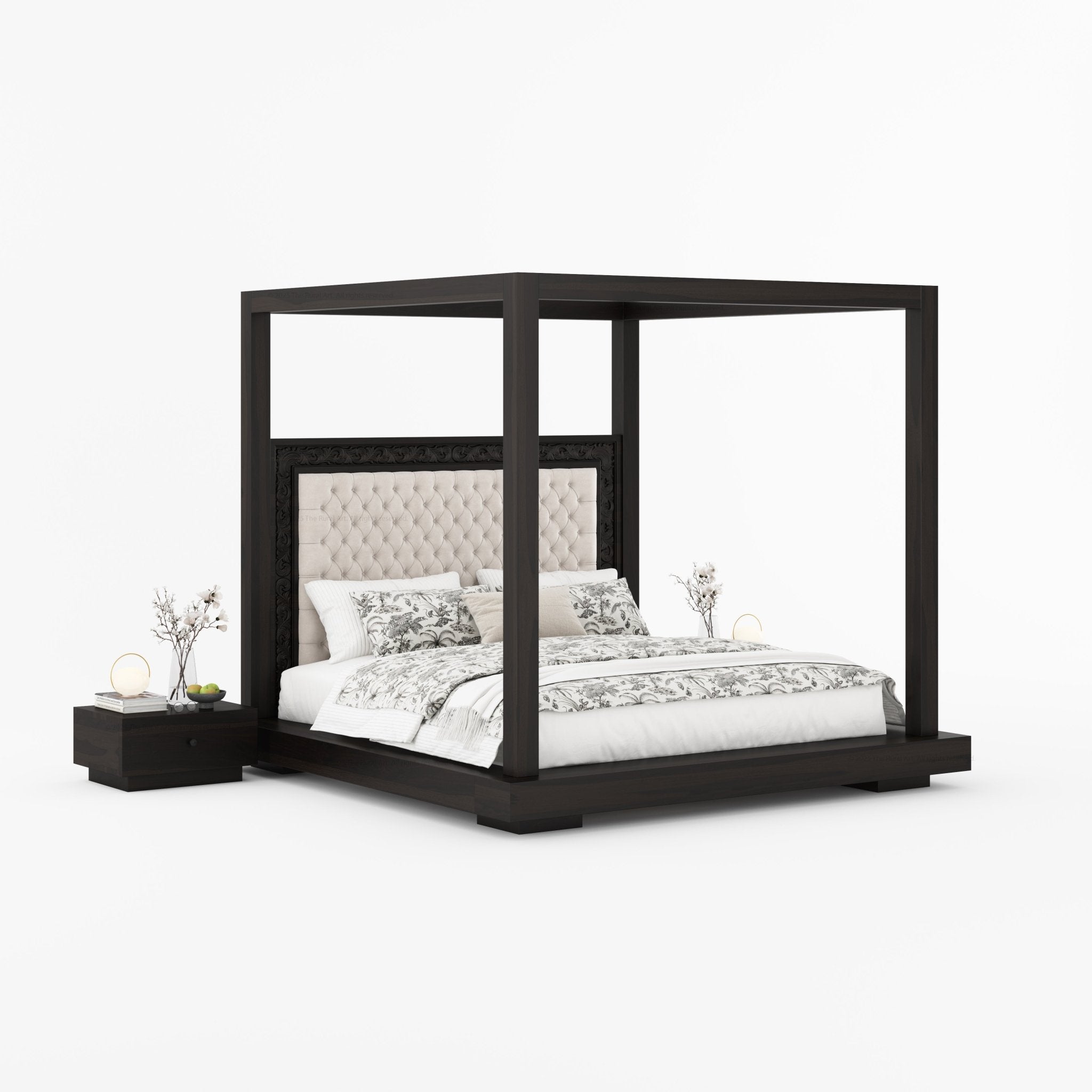 Sheffield Solid Wood Canopy Bed with Upholstered Tufted Headboard & Hand-Carved Frame