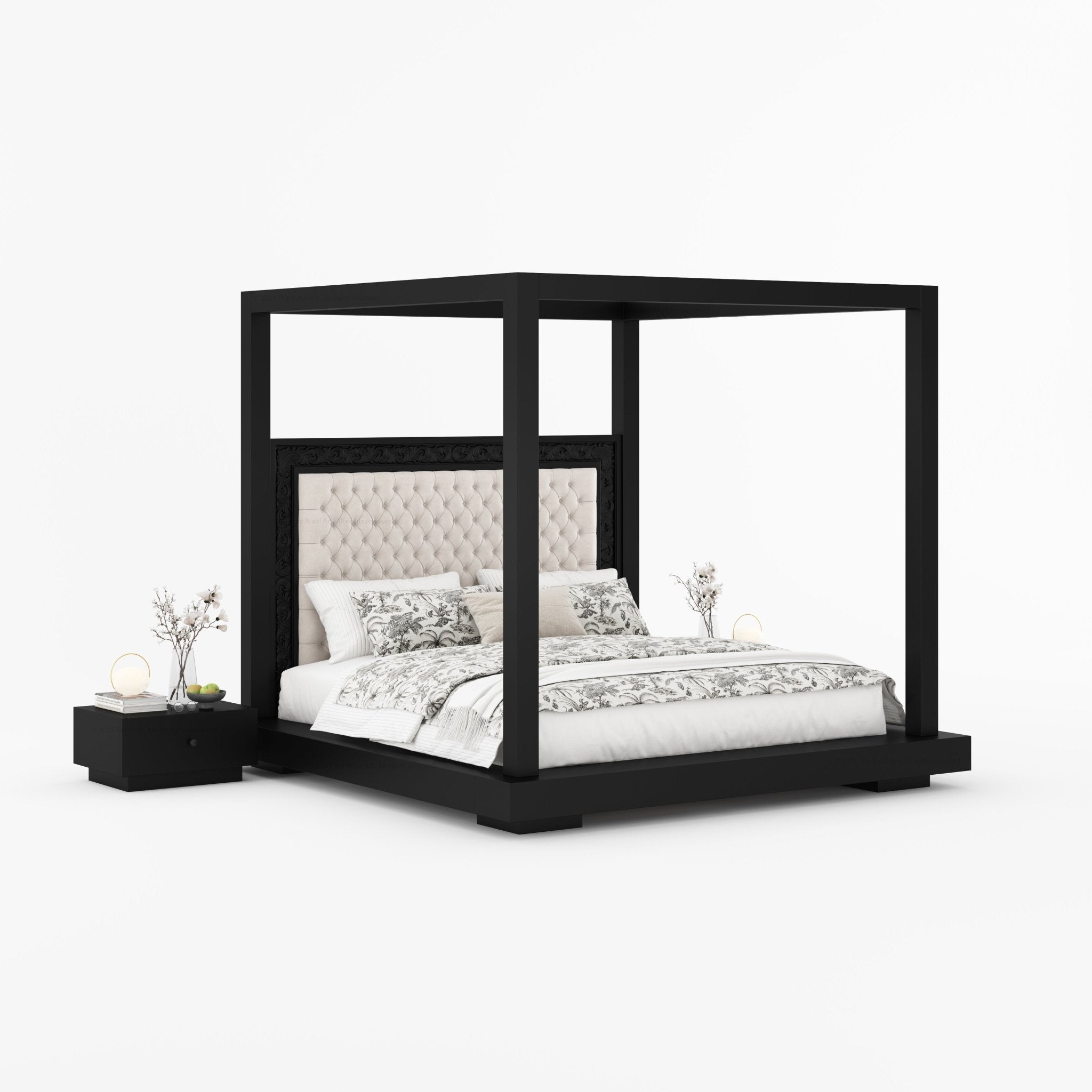 Sheffield Solid Wood Canopy Bed with Upholstered Tufted Headboard & Hand-Carved Frame