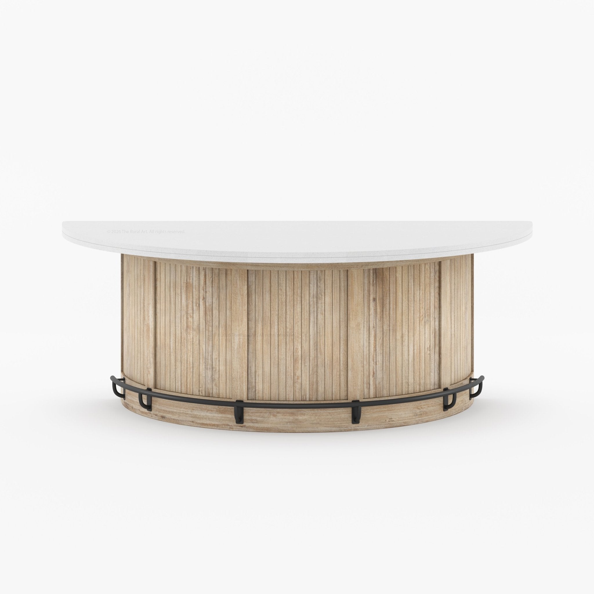 Midland Curved Solid Wood Half Round Kitchen Island with Upholstered Stools & Quartz Top