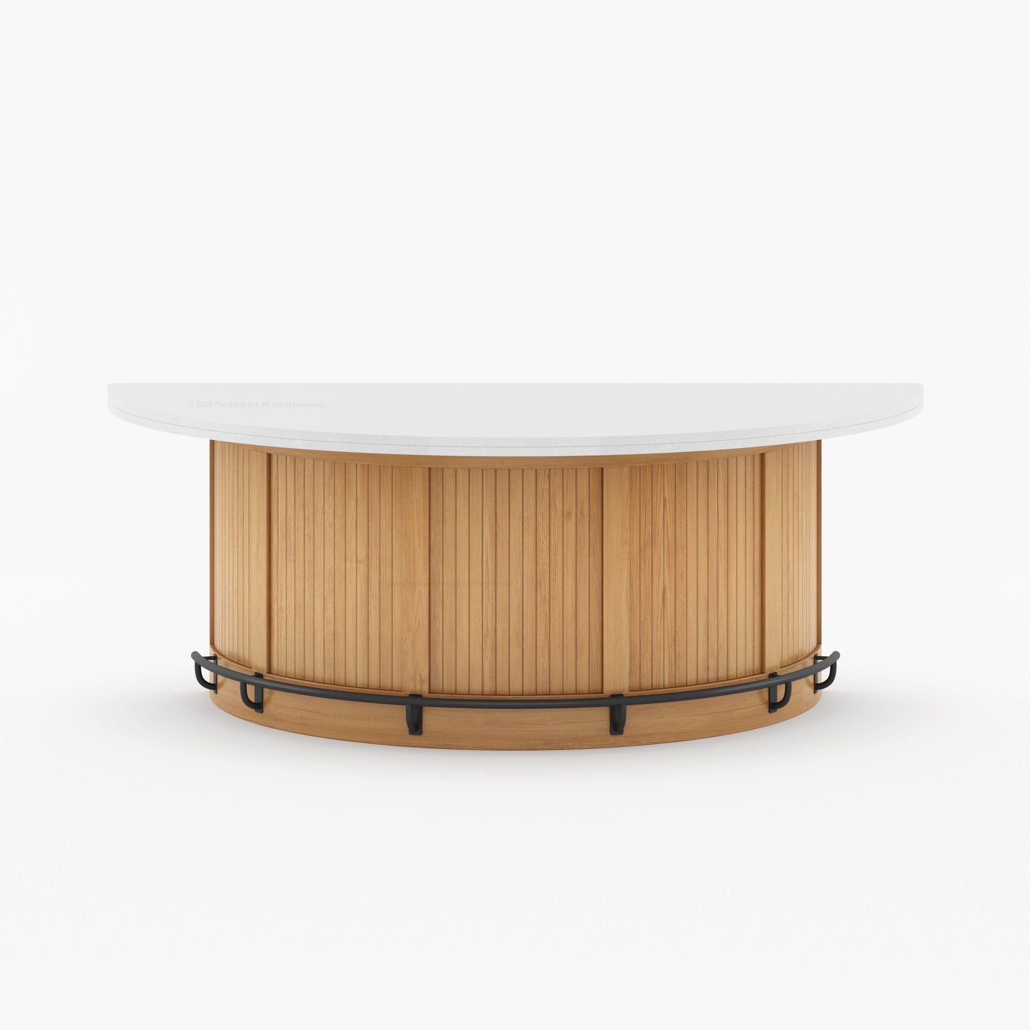 Midland Curved Solid Wood Half Round Kitchen Island with Upholstered Stools & Quartz Top