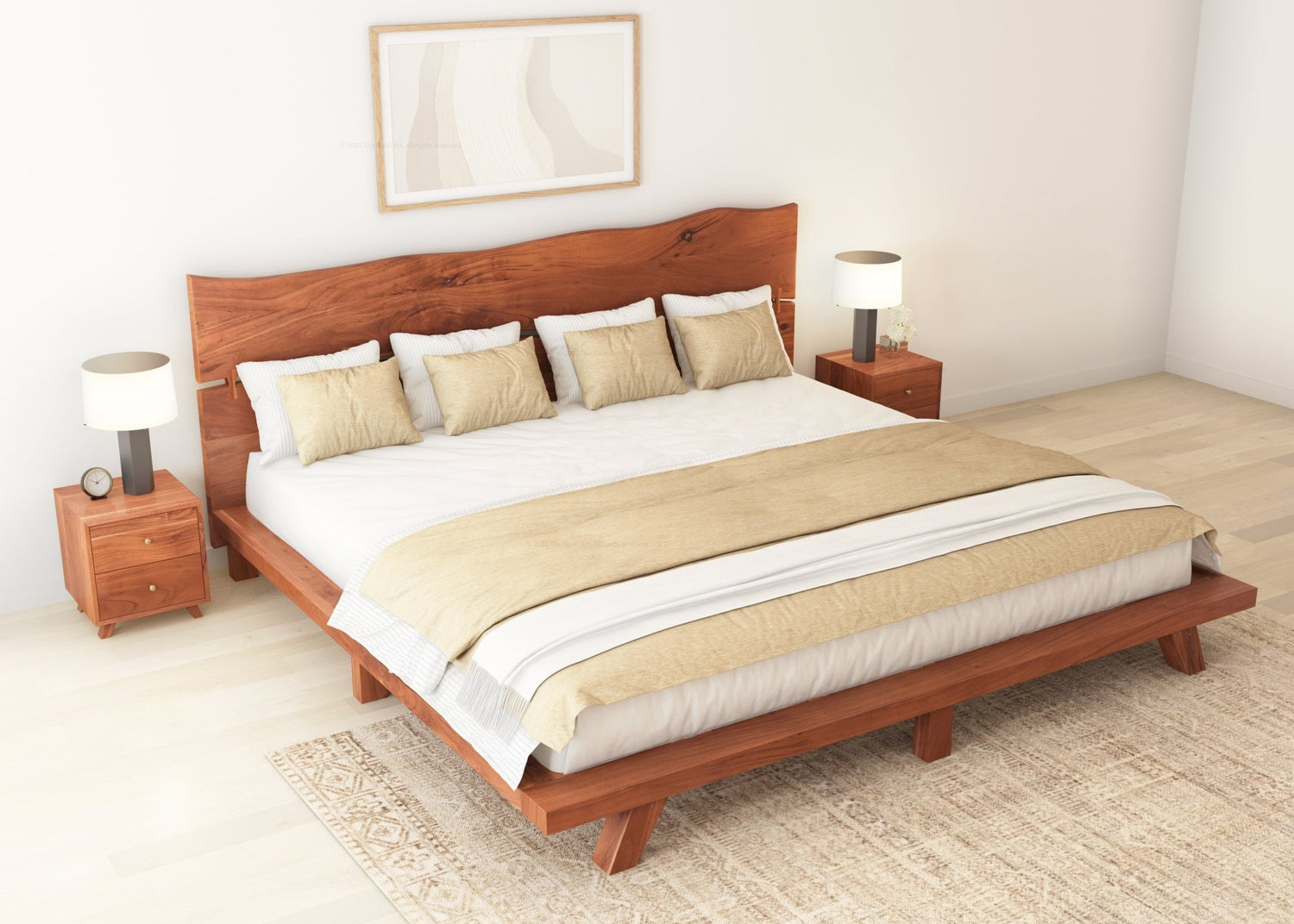 Live Edge Acacia Wood Platform Bed with Headboard &amp; Slats