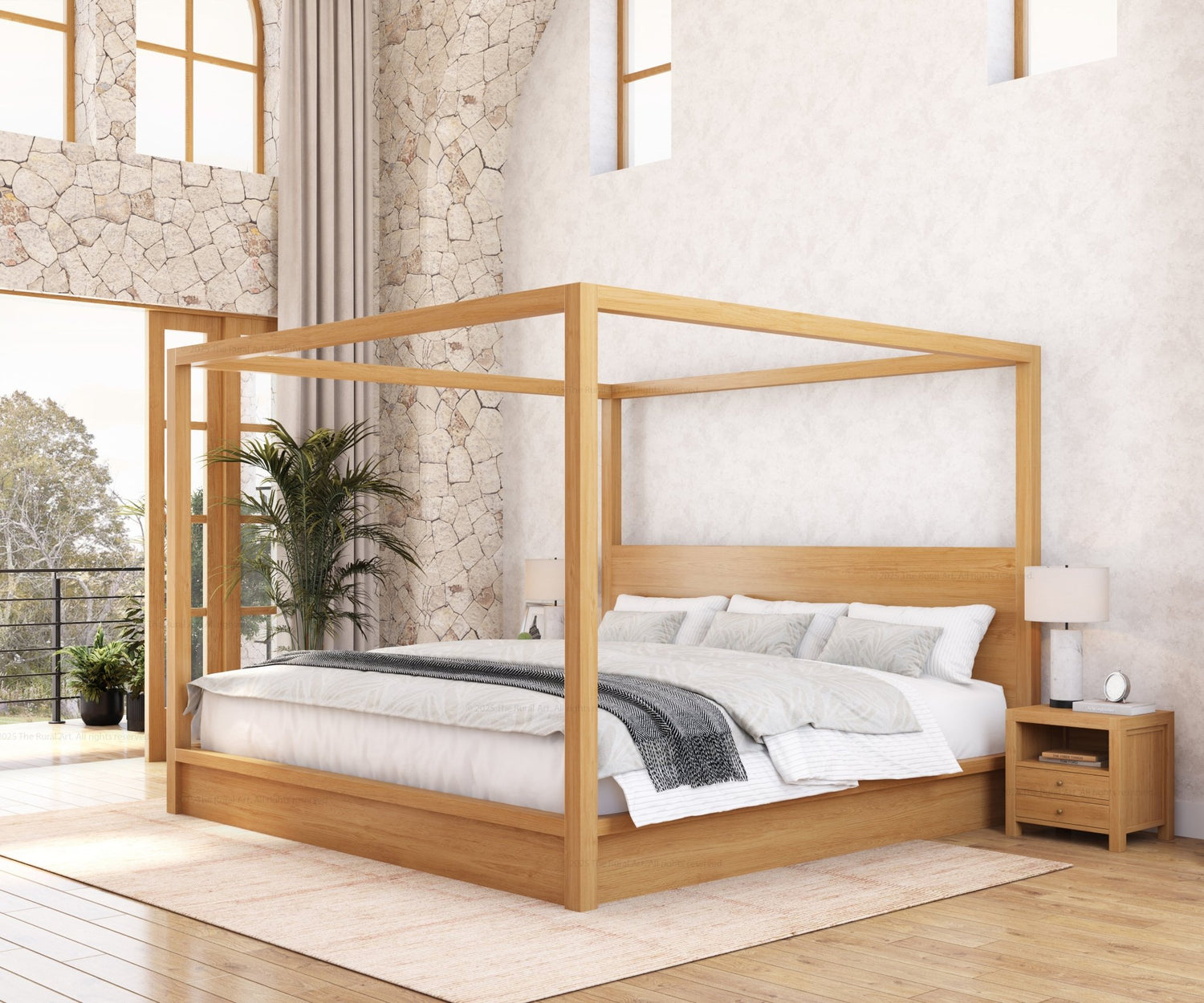 Orlando Solid Wood Canopy Platform Bedroom Set With Dresser, Nightstand, Bedside Bench &amp; Mirror