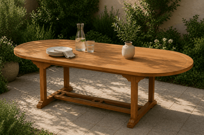 Palmer Solid Teak Wood Extendable Oval Dining Table with Butterfly Leaf &amp; Trestle Base
