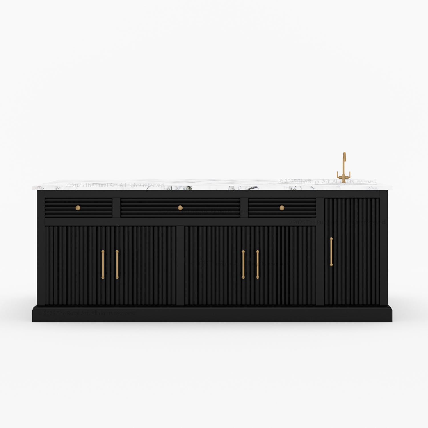 Black kitchen island with white countertop and gold fixtures on a white background