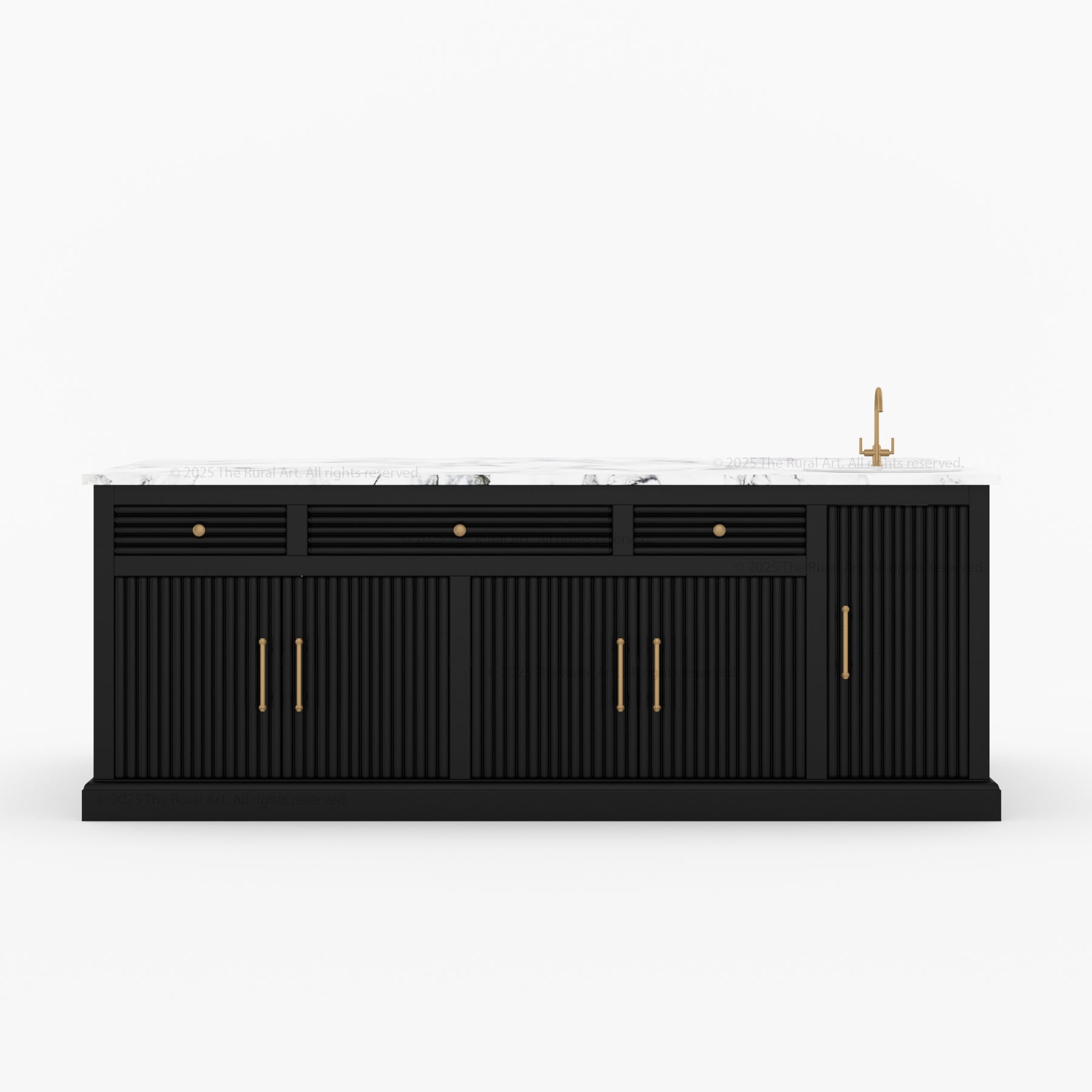 Black kitchen island with white countertop and gold fixtures on a white background