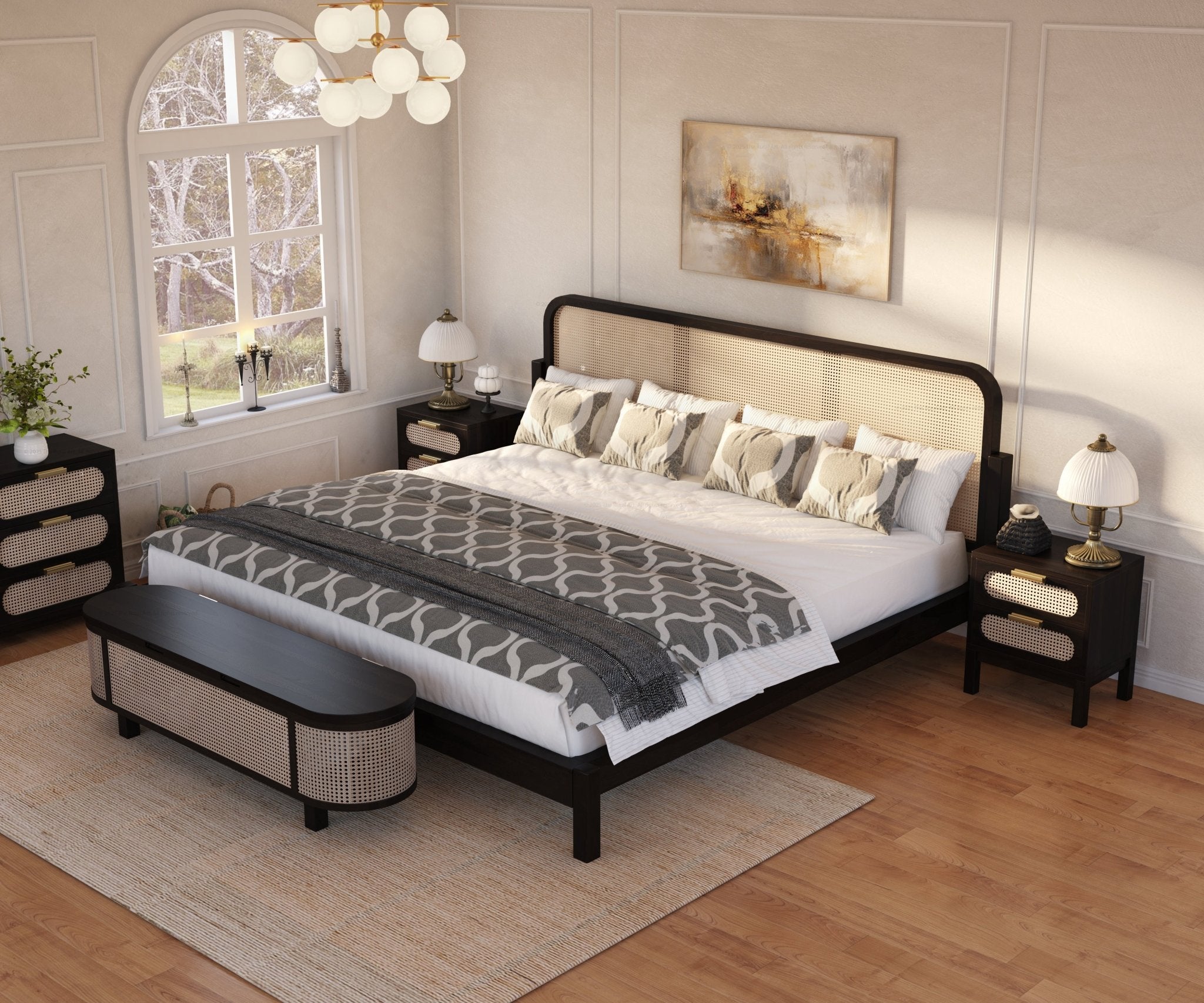 Davis Solid Wood Platform Bed with Cane Headboard