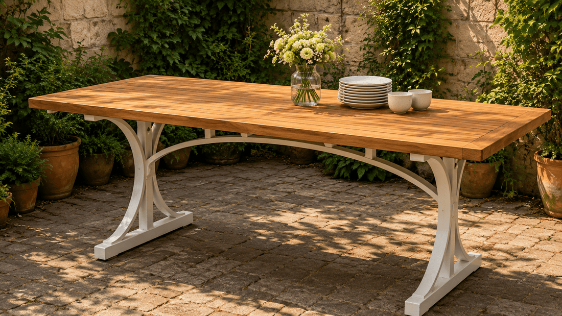 Troy Dual-Tone Solid Teak Wood Dining Table with Slatted Top &amp; Sculptural Arched Trestle Base