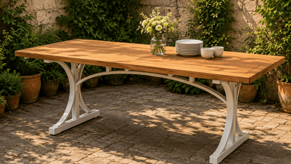 Troy Dual-Tone Solid Teak Wood Dining Table with Slatted Top &amp; Sculptural Arched Trestle Base
