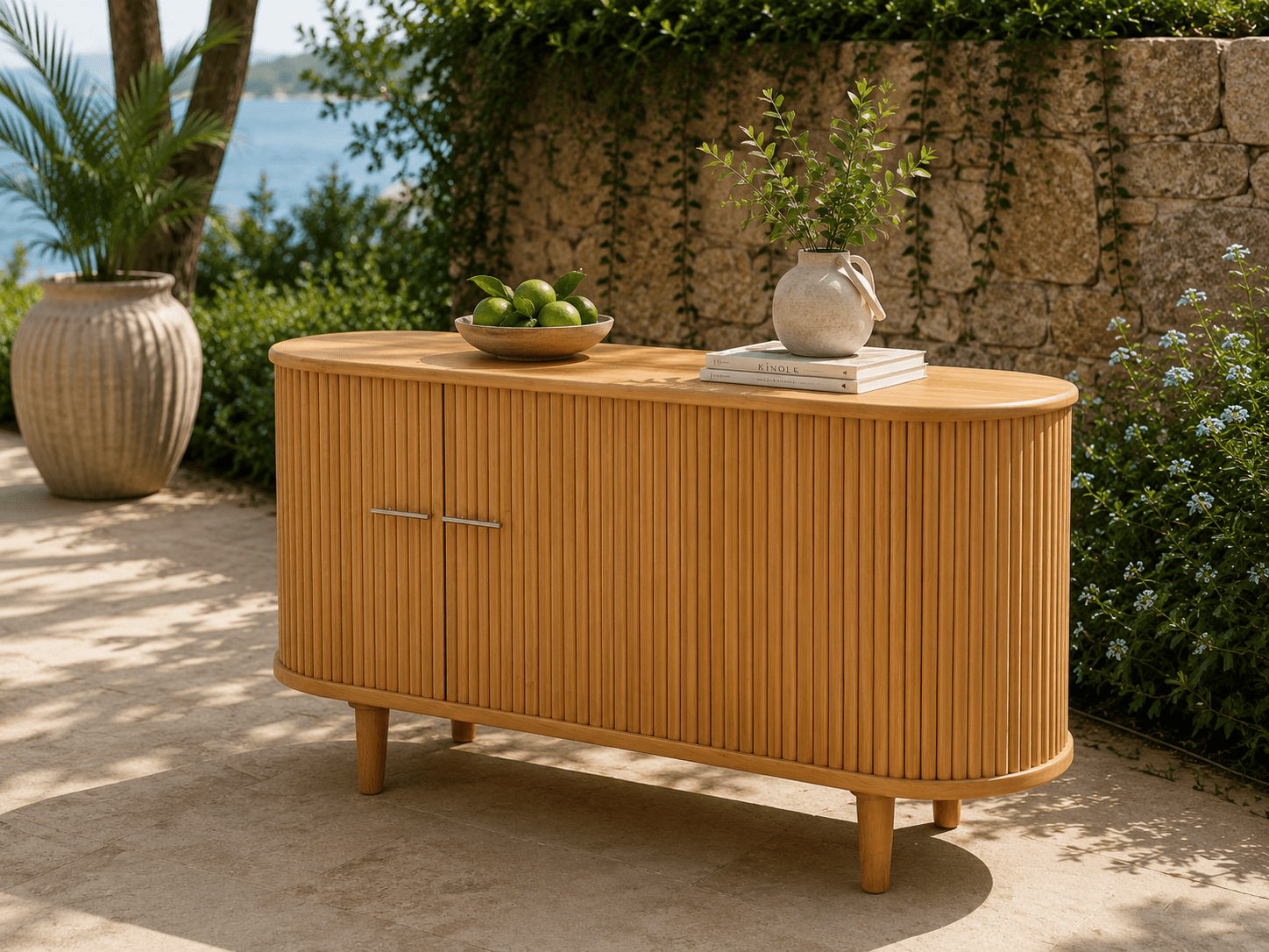 Tempe Fluted Teak Wood Curved Sideboard