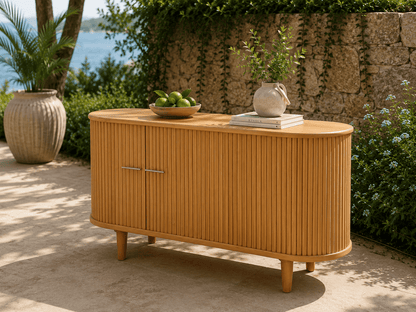 Tempe Fluted Teak Wood Curved Sideboard