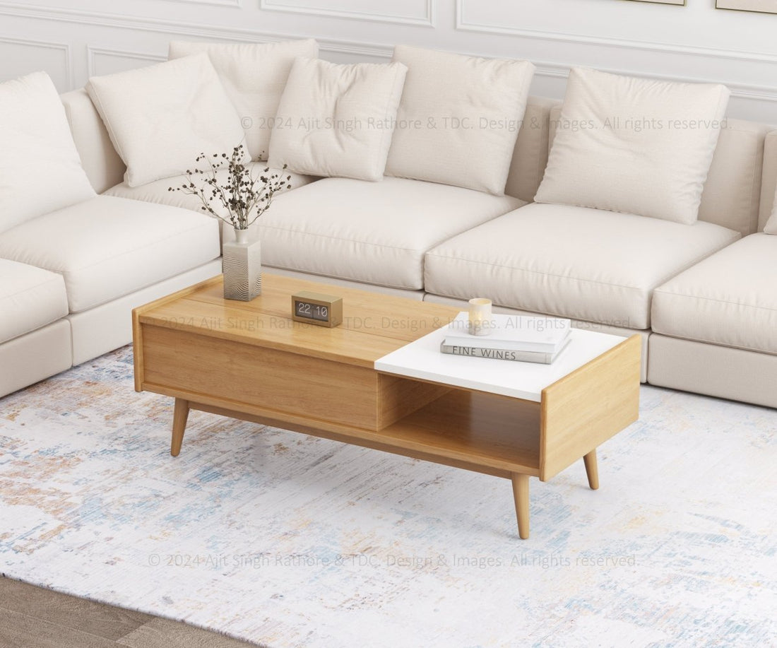 Fairfield Teak Wood and Marble Top Coffee Table with Hidden Storage