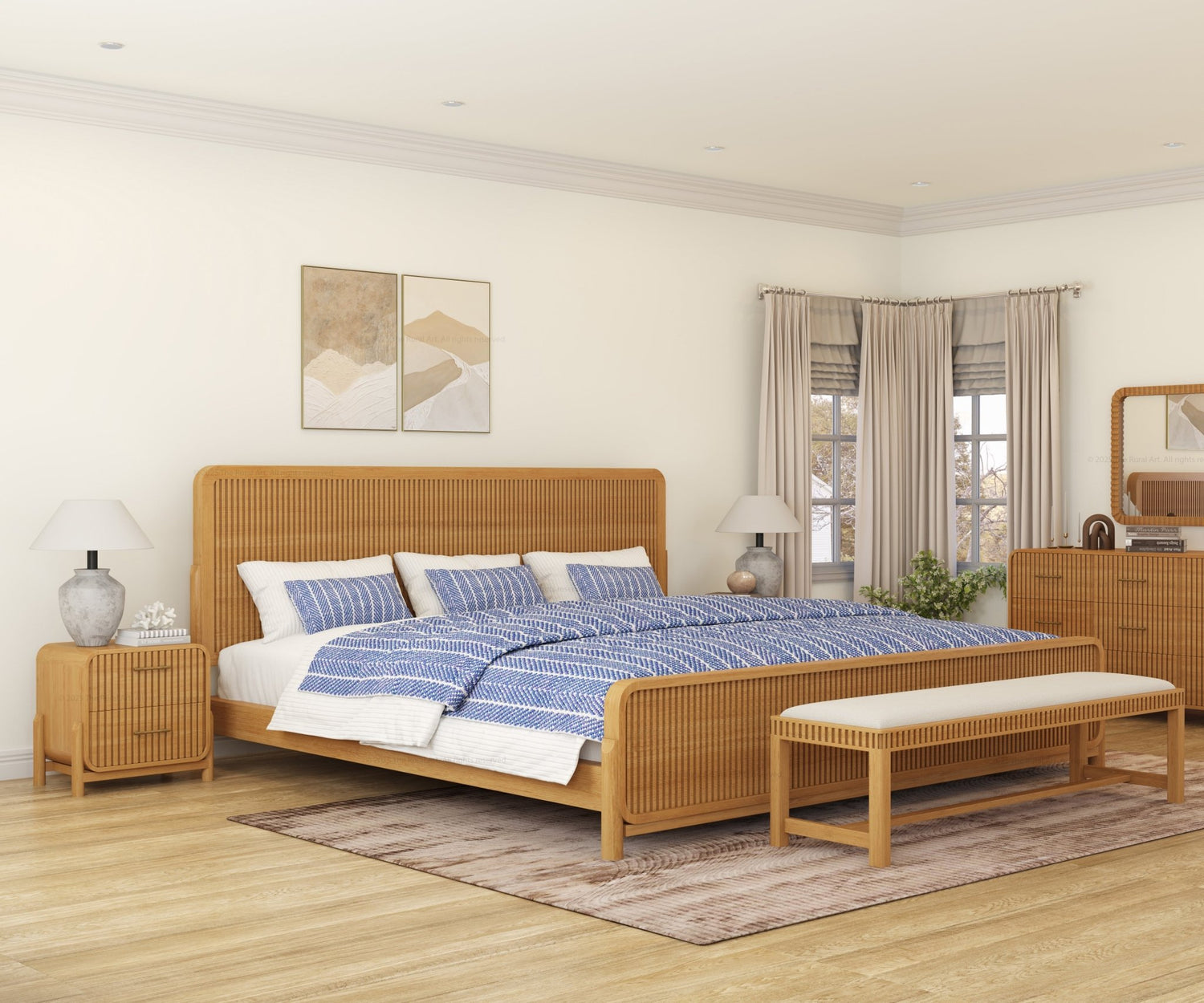 Lewes Fluted Wood 6-Piece Bedroom Set | Solid Wood Bed, Nightstands, Dresser, Mirror & Bench Bed + 2 Night Stand + Bench + Dresser + Mirror / Alaskan Lewes Fluted Wood 6-Piece Bedroom Set | Solid Wood Bed, Nightstands, Dresser, Mirror & Bench Bed + 2 Night Stand + Bench + Dresser + Mirror / Alaskan