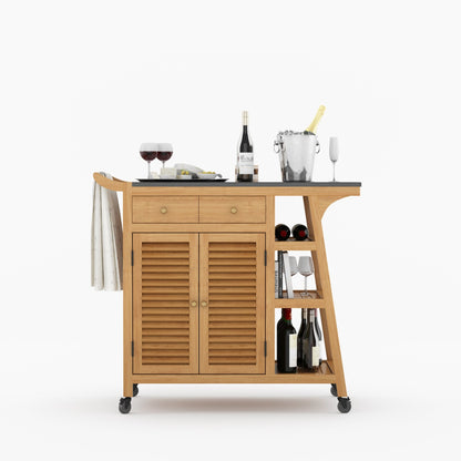 Ketchikan Solid Wood Outdoor Wine Cart with Storage &amp; Serving Shelves