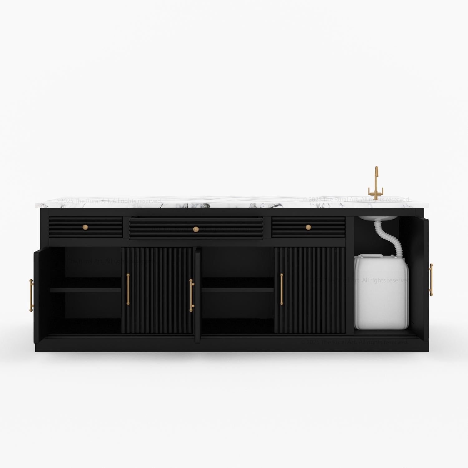 Black kitchen island with white countertop on a white background
