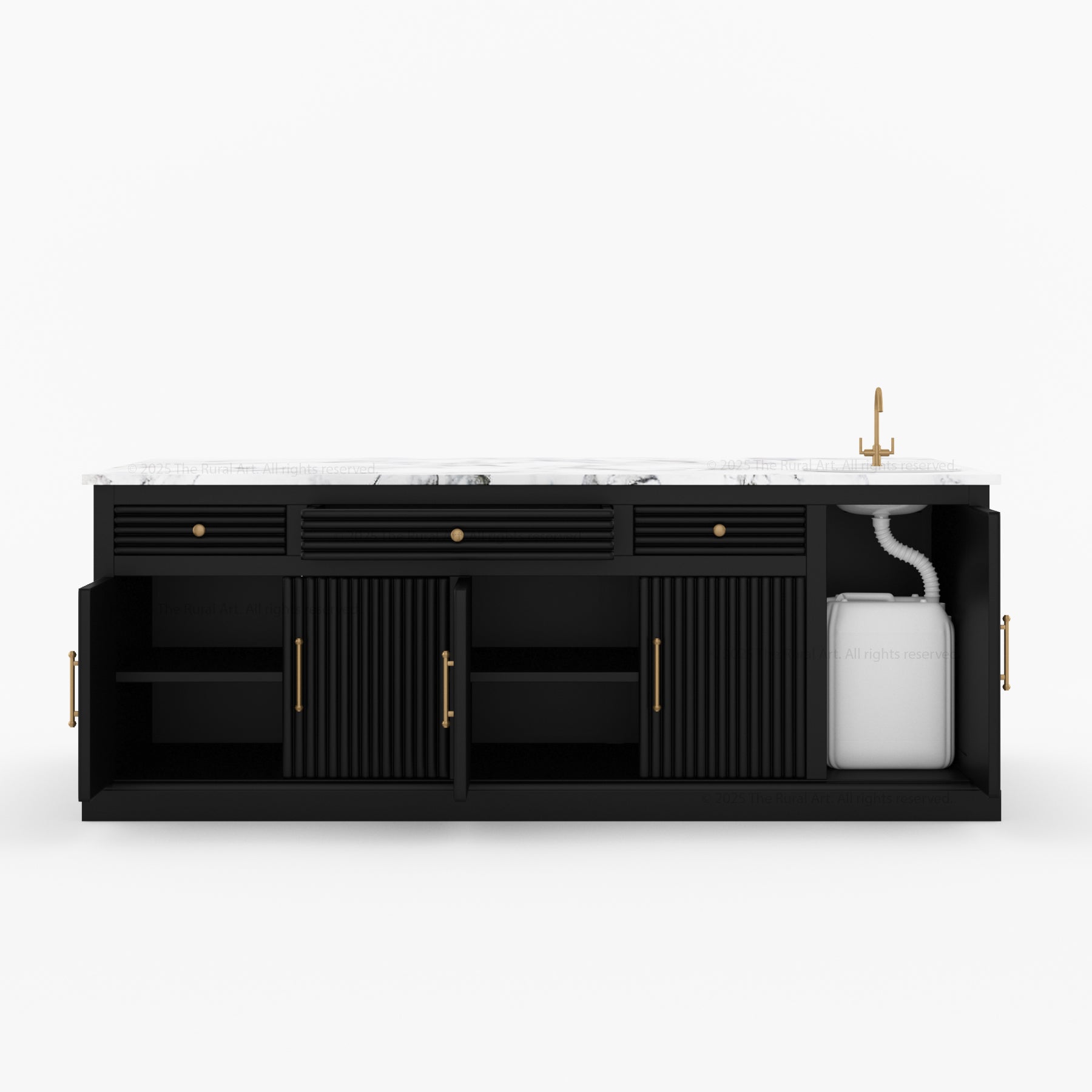 Black kitchen island with white countertop on a white background