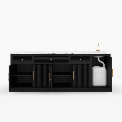 Black kitchen island with white countertop on a white background