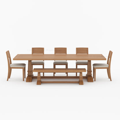 Roseville Solid Wood Dining Set Trestle Table with Chairs &amp; Bench Coastal Farmhouse Style