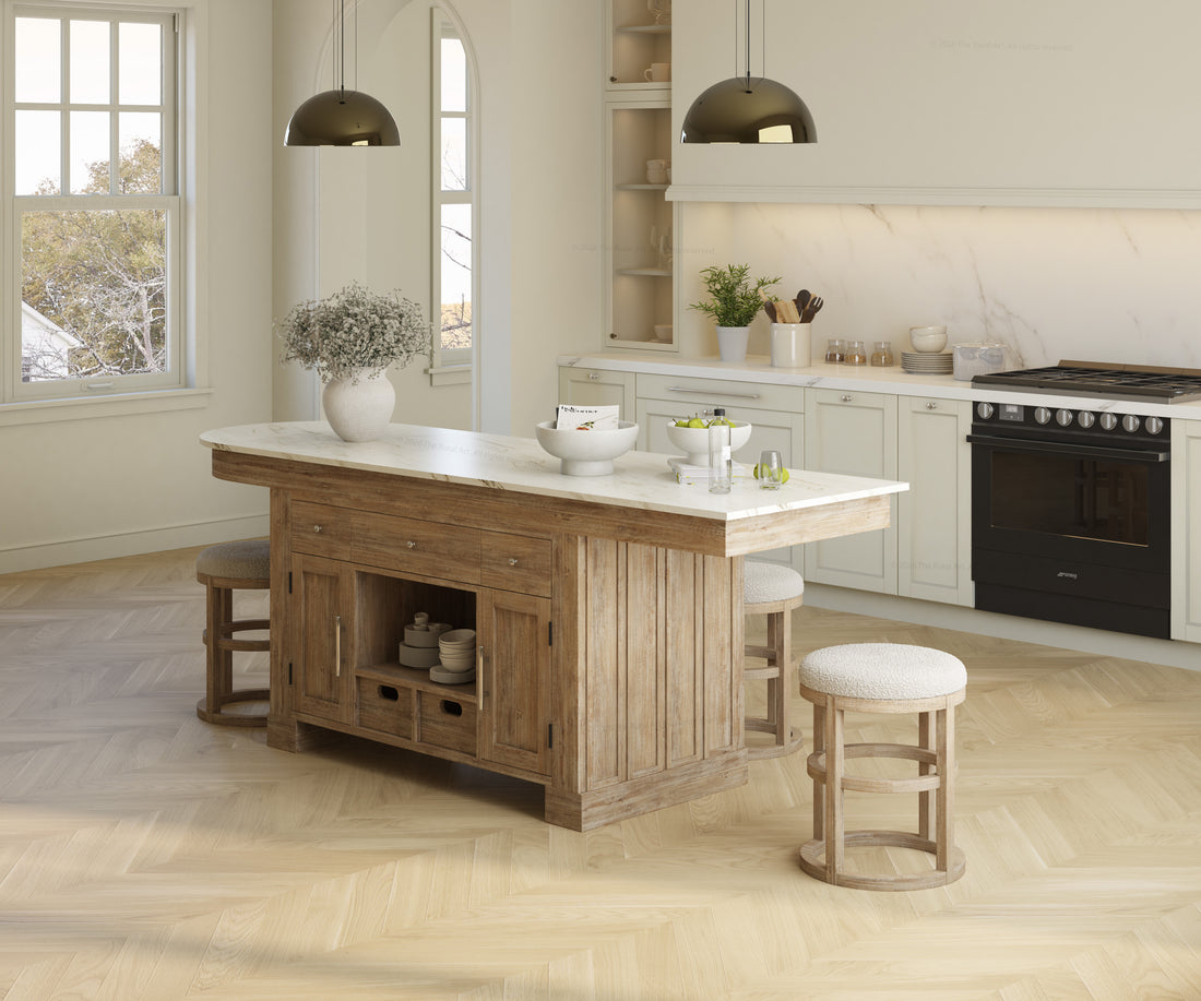 Portland Solid Wood Kitchen Island with Marble Countertop and Optional Stool Set