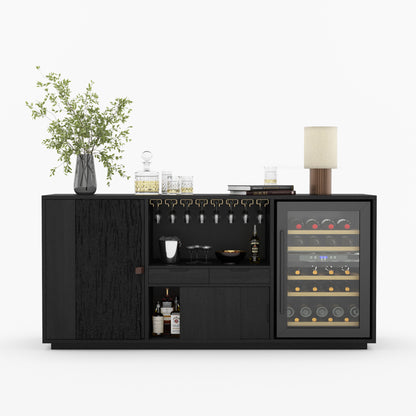 Myers Modern Black Bar Cabinet with Mini Fridge Space &amp; Leather Strap Door
