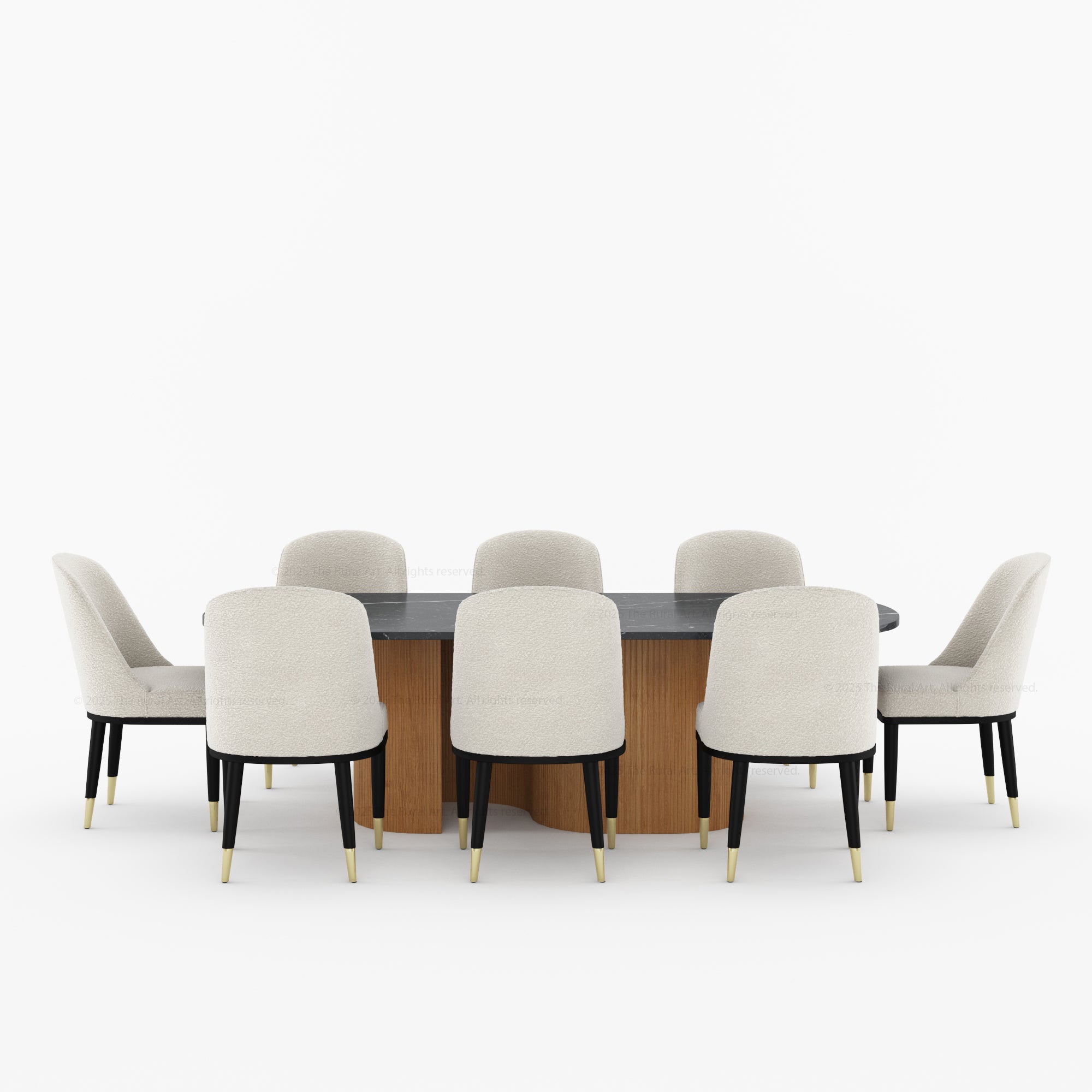 Connersville Modern Stone Top Dining Table Set with Sculptural Fluted Base &amp; Upholstered Chairs