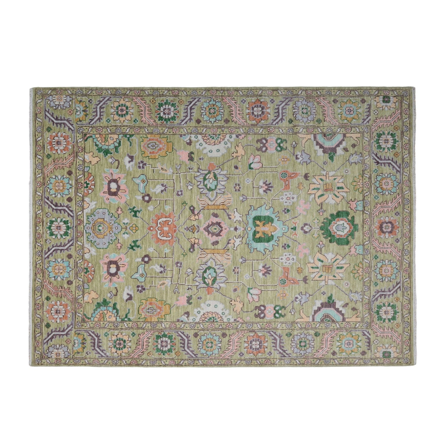 Dilkush Hand-Knotted Wool Oushak Rug in Sage Green &amp; Soft Yellow