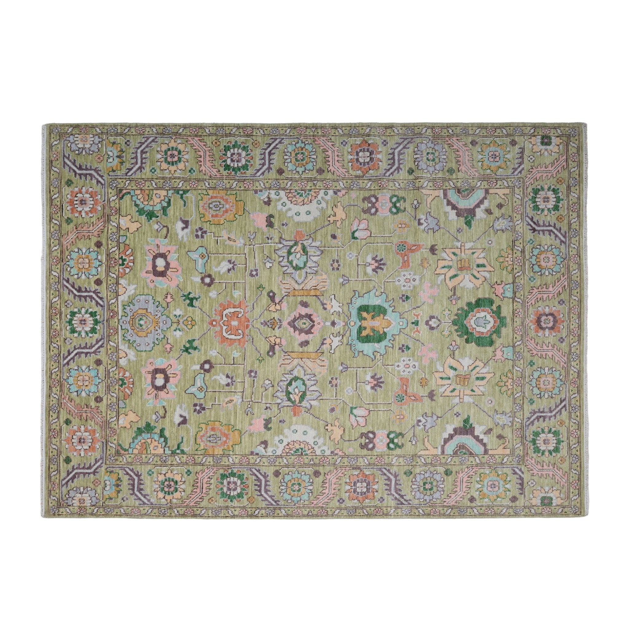 Dilkush Hand-Knotted Wool Oushak Rug in Sage Green &amp; Soft Yellow