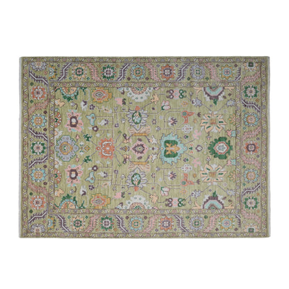 Dilkush Hand-Knotted Wool Oushak Rug in Sage Green &amp; Soft Yellow