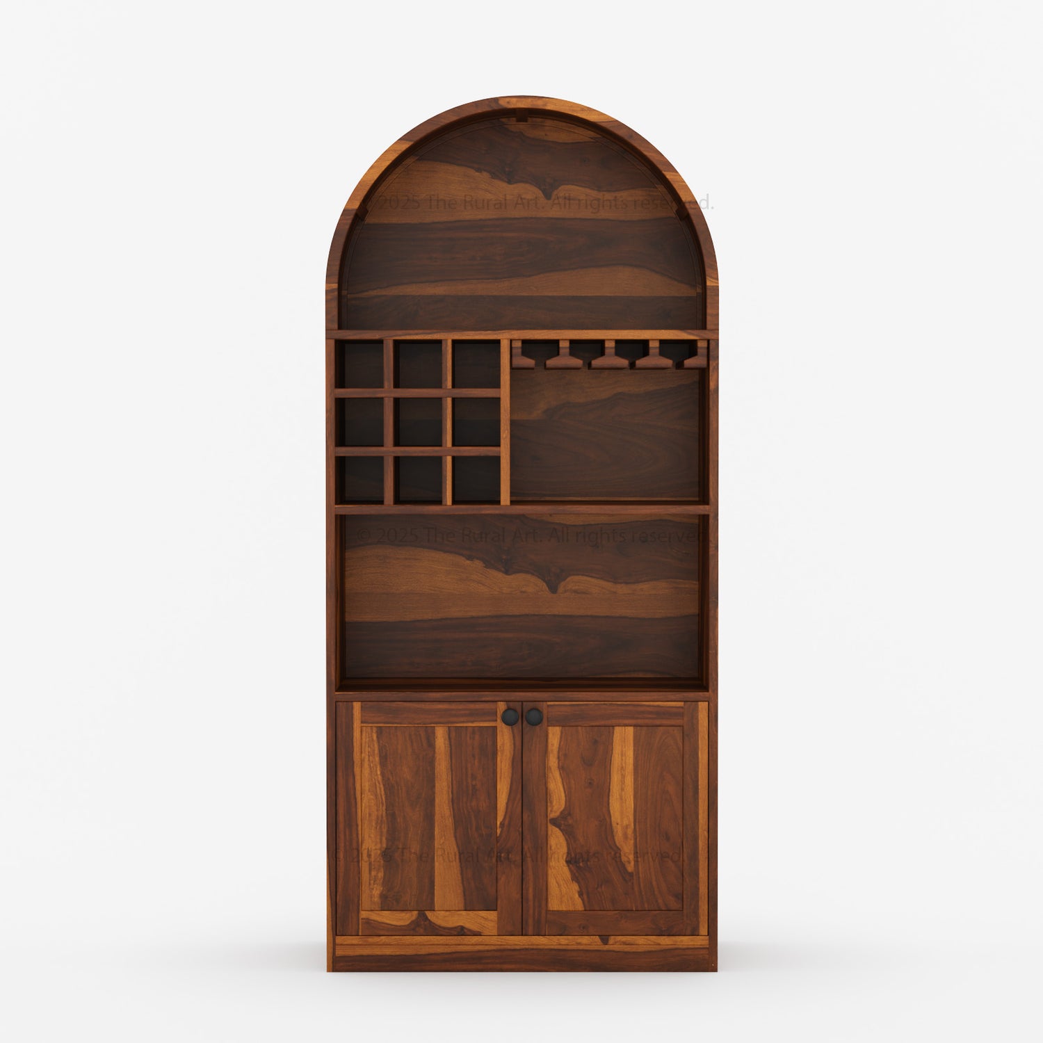 Arcadia Solid Wood Wine Bar Cabinet with Arched Top &amp; Stemware Rack