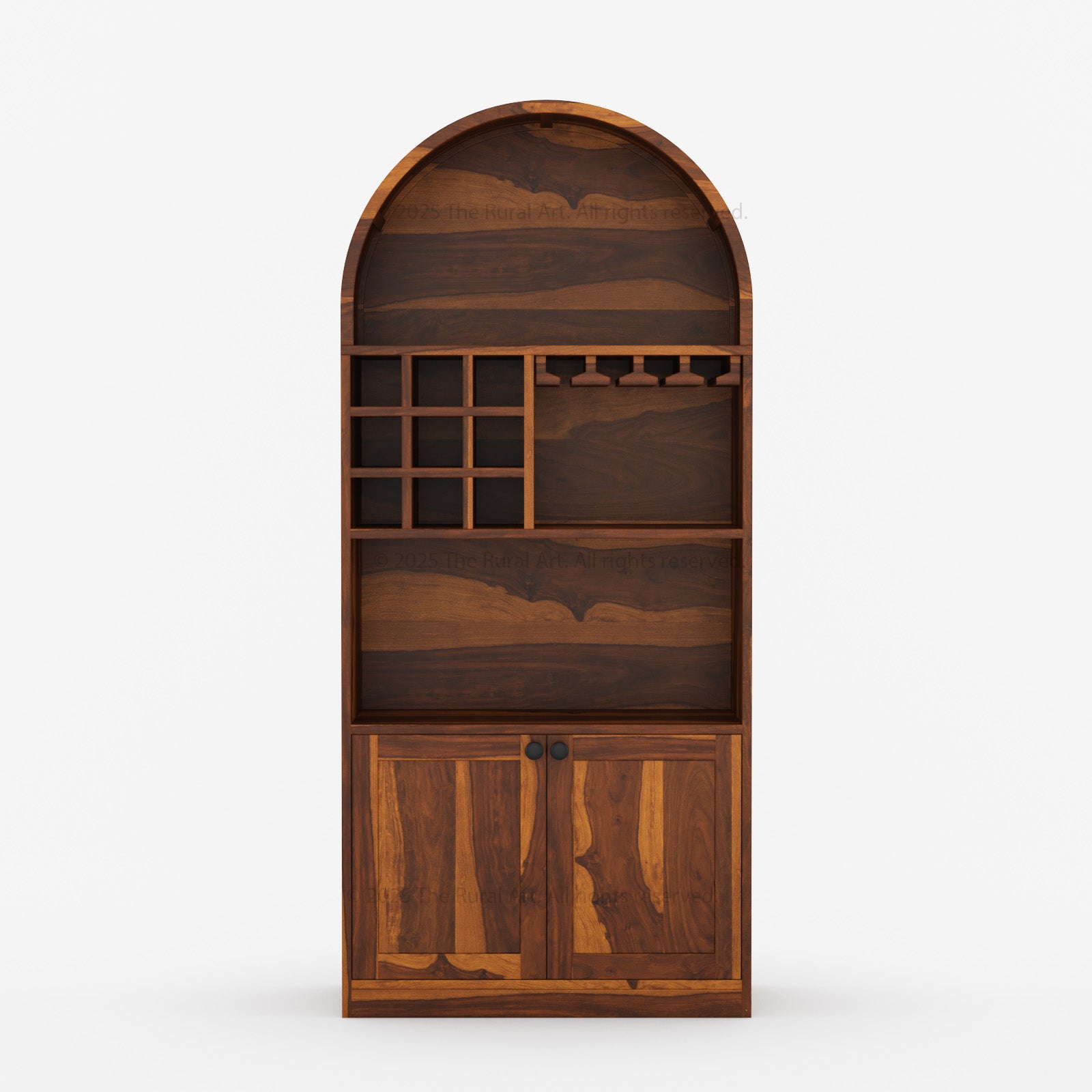 Arcadia Solid Wood Wine Bar Cabinet with Arched Top &amp; Stemware Rack