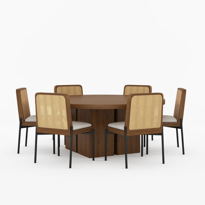 Ozark Round Wooden Pedestal Dining Table with Cane-Back Upholstered Chairs