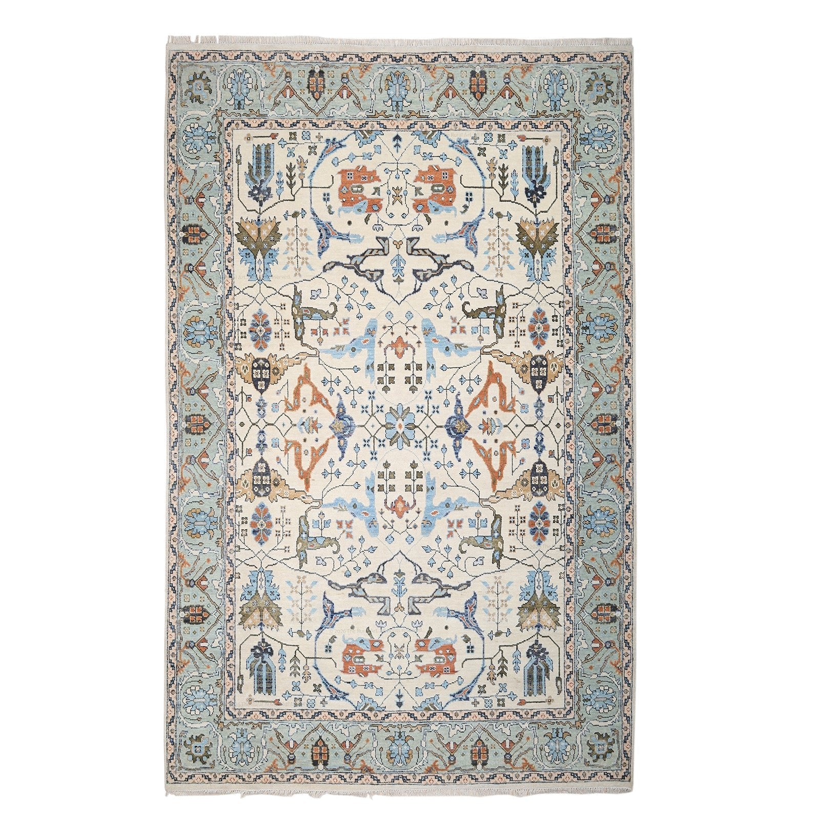 Sintra Vintage Oushak Hand-Knotted Wool Rug - Cream &amp; Blue