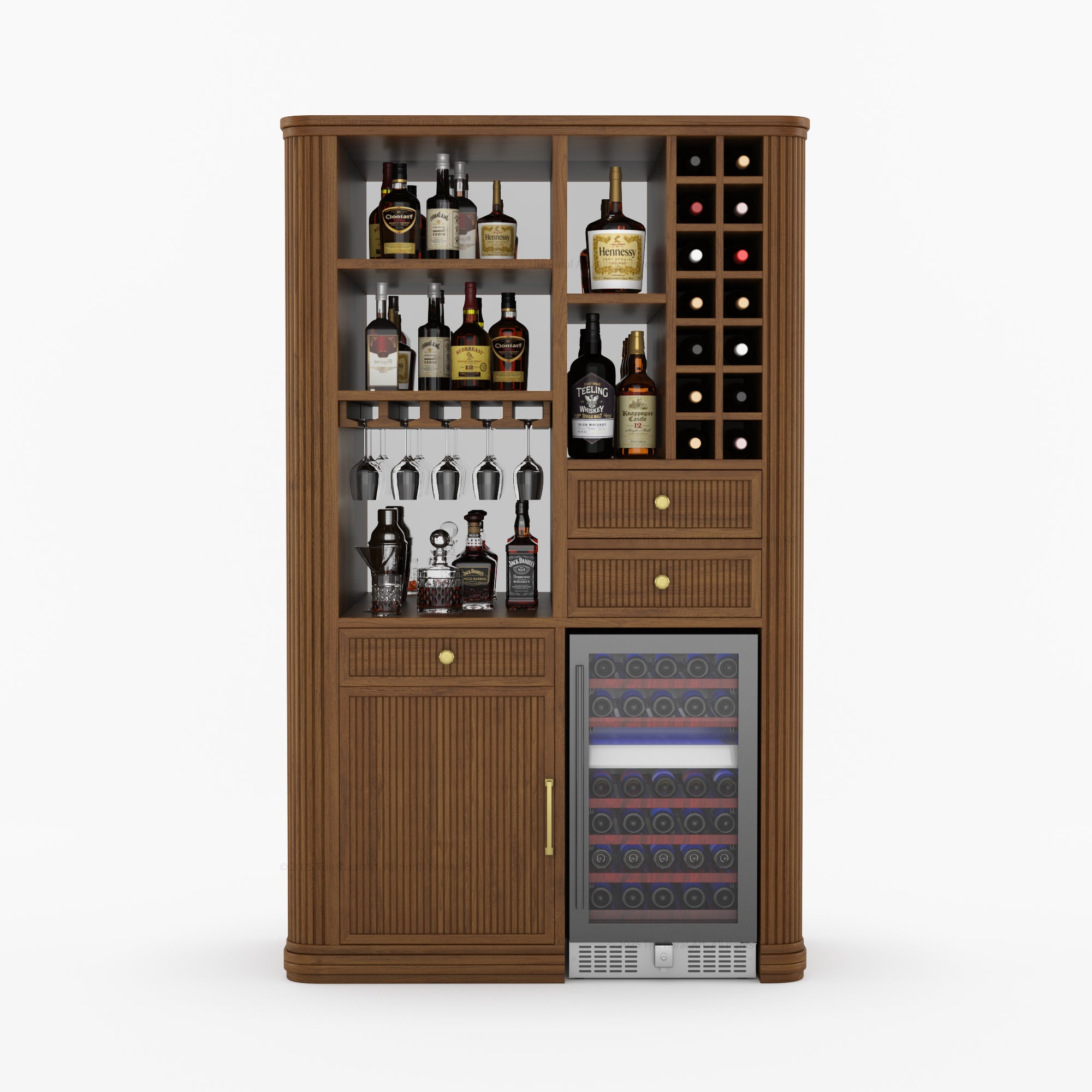 Durham Tall Wine Bar Cabinet with Built-In Wine Rack &amp; Refrigerator Space