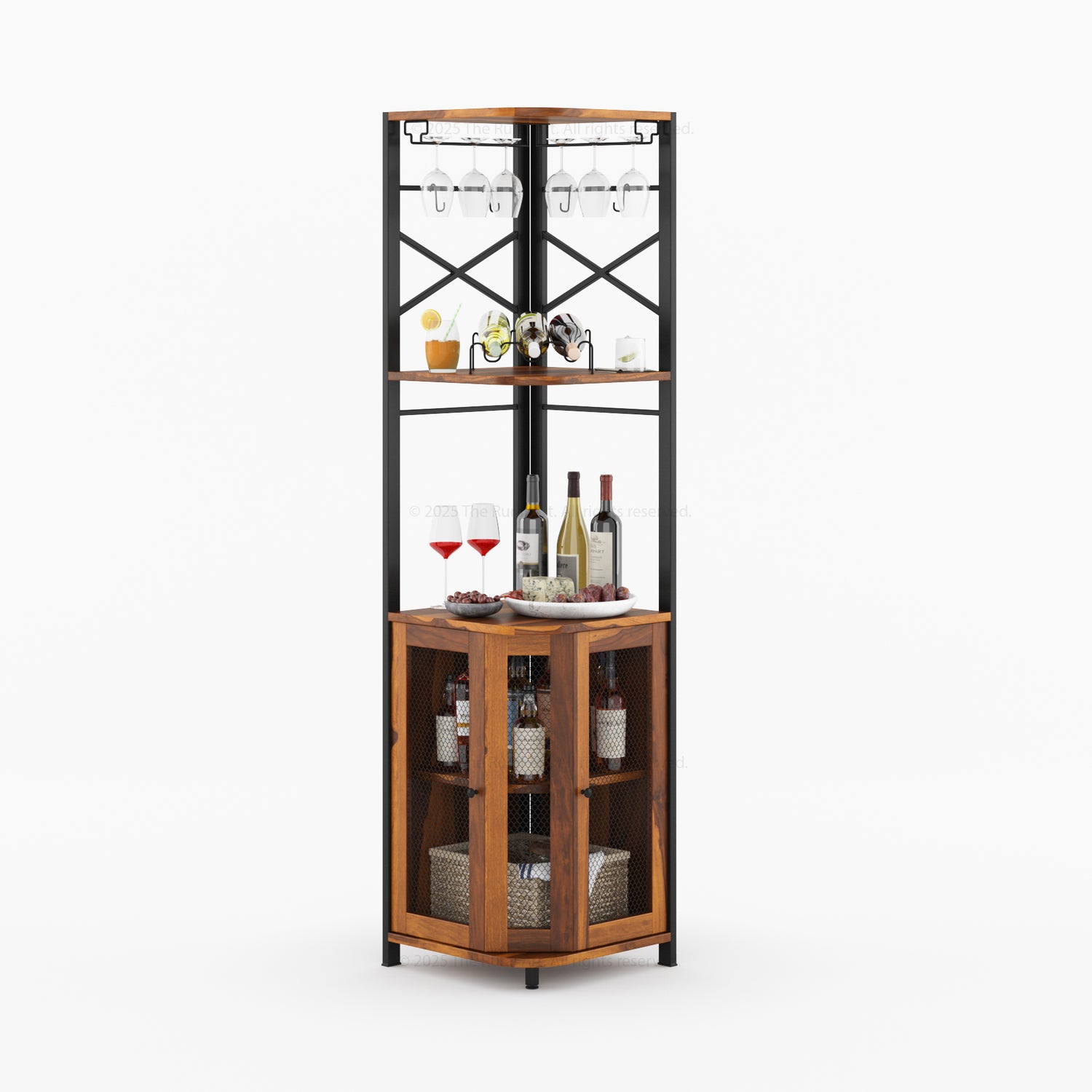 Jasper Solid Wood Corner Wine Bar Cabinet with Glass Rack &amp; Storage