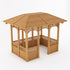 wooden gazebo with a multi-tiered roof, lattice-patterned side walls, and open side columns