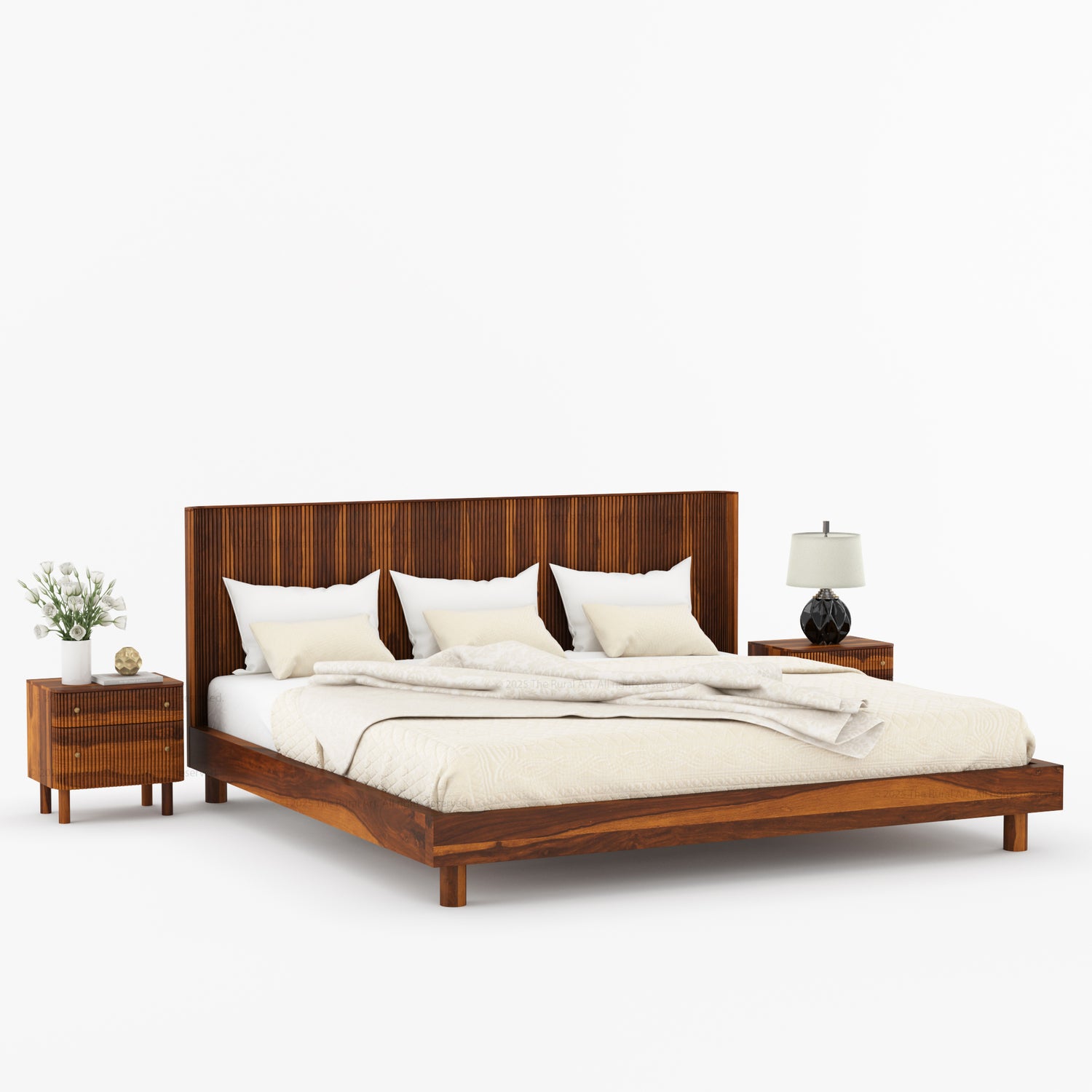 Richmond Platform Bed Frame with Fluted Headboard Made In Solid Indian Rosewood