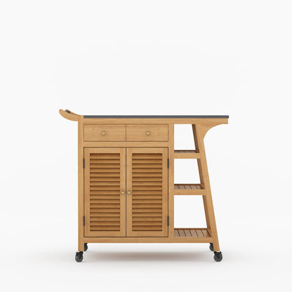 Ketchikan Solid Wood Outdoor Wine Cart with Storage &amp; Serving Shelves