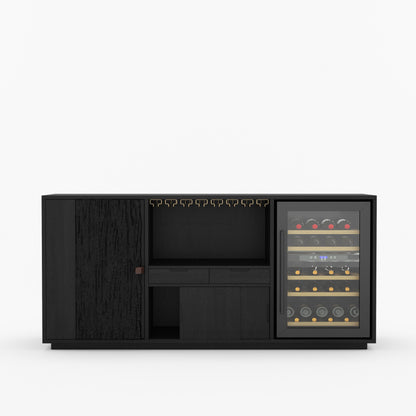 Myers Modern Black Bar Cabinet with Mini Fridge Space &amp; Leather Strap Door