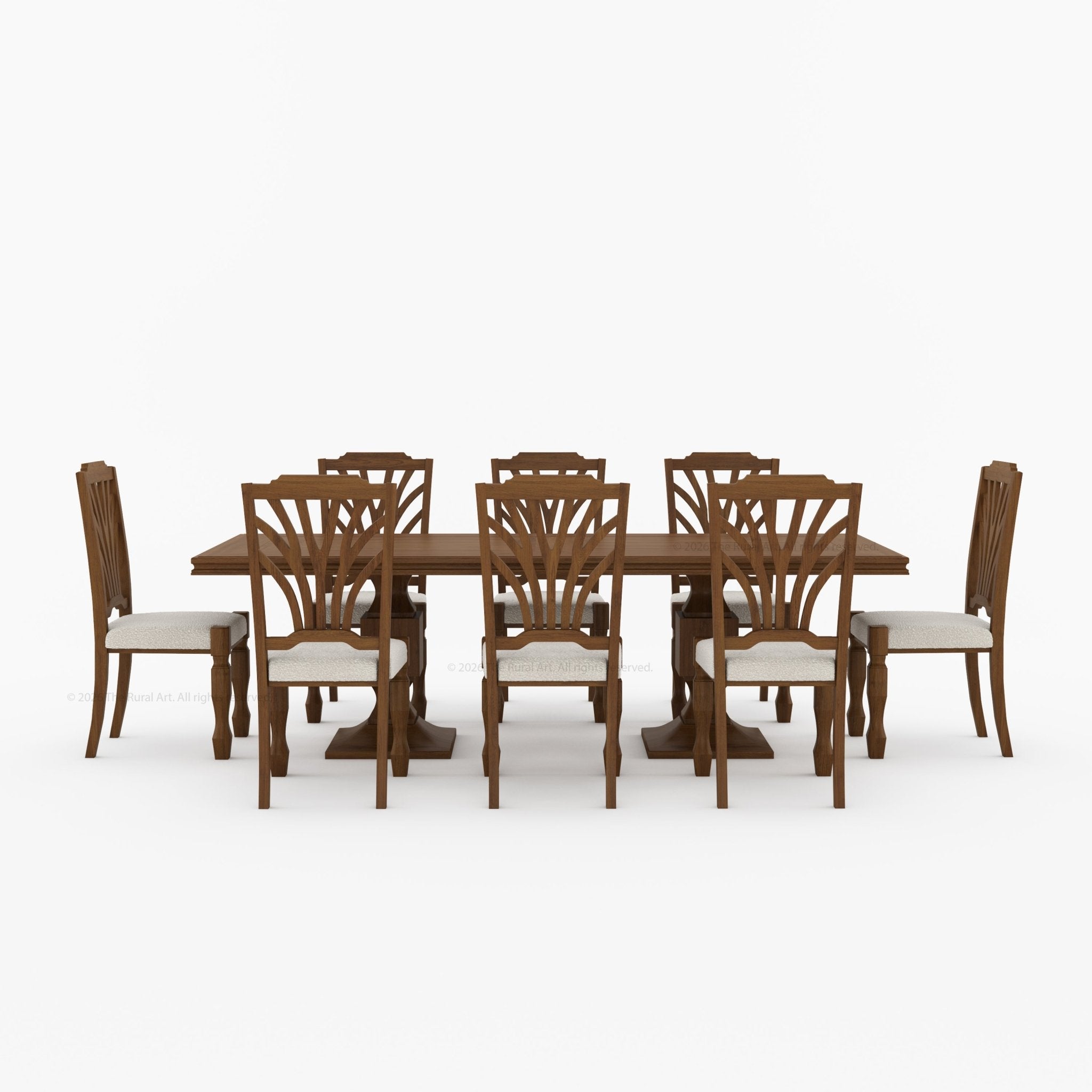 Carlsbad Solid Wood Double Pedestal Dining Table Set with Upholstered Sunburst Chairs