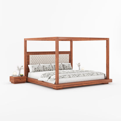 Sheffield Solid Wood Canopy Bed with Upholstered Tufted Headboard &amp; Hand-Carved Frame